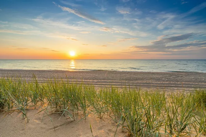 Słońce na morskim horyzoncie, widziane z plaży z trawami wydmowymi na pierwszym planie.